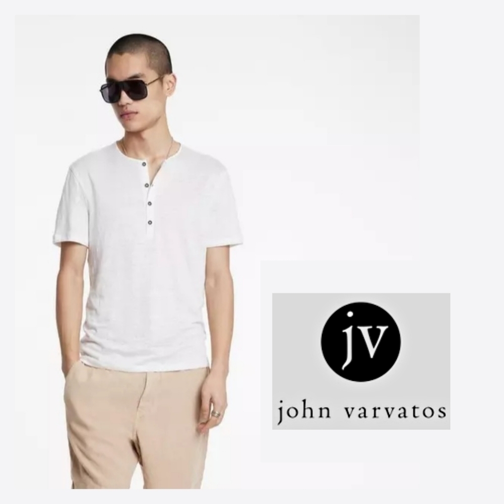 JOHN VARVATOS ◇ Bleeker Henley ◇ 100% Linen, Cream, Short Sleeve ◇ Size XS ◇ NWT